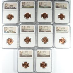 LOT OF ( 10 ) 1959-D LINCOLN CENTS, NGC MS-66 RED