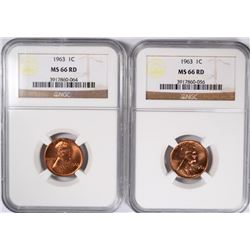 ( 2 ) 1963 LINCOLN CENTS, NGC MS-66 RED GEMS!  RARE,  MS-67 GO FOR $3000.00 EACH