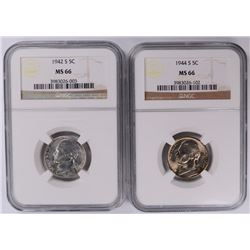 1942-S AND 1944-S SILVER JEFFERSON NICKELS, NGC MS 66