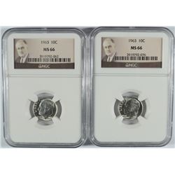 ( 2 ) 1963 ROOSEVELT DIMES, NGC MS-66