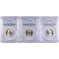 1946 P,D & S WASHINGTON QUARTERS, ALL PCGS MS-65