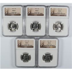 LOT OF ( 5 ) 1955 WASHINGTON QUARTERS, NGC MS-65