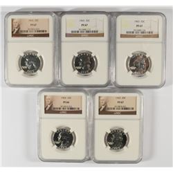 LOT OF ( 5 ) 1963 WASHINGTON QUARTERS, ( 4 ) NGC  PROOF-67 & ( 1 ) NGC PROOF-66