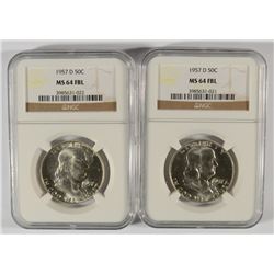 LOT OF ( 2 ) 1957-D FRANKLIN HALF DOLLARS, NGC MS-64 FBL