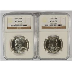 LOT OF ( 2 ) 1958-D FRANKLIN HALF DOLLARS, NGC MS-64 FBL