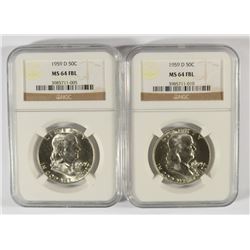 LOT OF ( 2 ) 1959-D FRANKLIN HALF DOLLARS, NGC MS-64 FBL