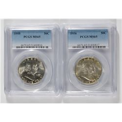 1955, & 56 FRANKLIN HALVES PCGS MS-65