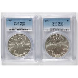 2002 AND 2003 AMERICAN SILVER EAGLES, PCGS MS-69