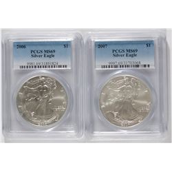 2006 AND 2007 AMERICAN SILVER EAGLES, PCGS MS-69