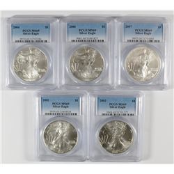 ( 5 ) AMERICAN SILVER EAGLES ALL GRADE PCGS MS-69: 2002, 2003, 2004, 2006 & 2007