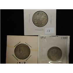 1914,18 & 30 CANADA SILVER 25 CENTS
