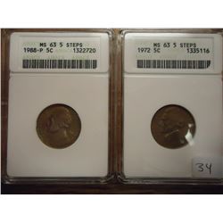 1972 & 1988-P JEFFERSON NICKELS ANACS MS63 5 STEPS