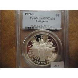 1989-S CONGRESS SILVER DOLLAR PCGS PR69 DCAM