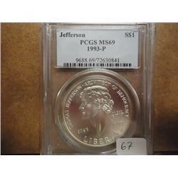 1993-P JEFFERSON COMMEMORATIVE SILVER $ PCGS MS69