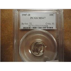 1987-D ROOSEVELT DIME PCGS MS67