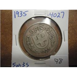 1935 SWITZERLAND SILVER 5 FRANCS .4027 OZ. ASW