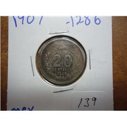 1907 MEXICO SILVER 20 CENTAVOS .1286 OZ. ASW