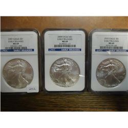 2007,08 & 2010 AMERICAN SILVER EAGLES NGC MS69'S