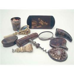 A collection of objects of vertu, 19th century including a tortoiseshell and white metal cased ma...