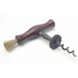 A Victorian rosewood handled steel corkscrew, with side brush and single helix thread, tip broken...