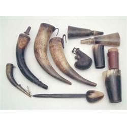 A collection of horn powder flasks, 18th/19th century including a pair (lacking lids), 11ins; a l...