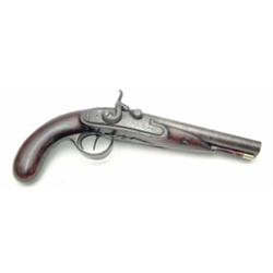 An early 19th century double barrel pistol, by Leech, with steel mounts, percussion lock and maho...
