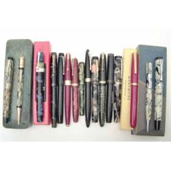 A selection of fountain pens to include Parker Duofold pen and pencil (boxed) and fourteen others...