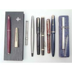 A  Cygnet style  (Mabie Todd & Co) in silver hall mark Chatelaine (boxed) and seven other pens/ p...