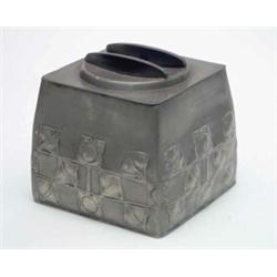 A Libertys Art Nouveau pewter biscuit box, rectangular with three rows of stylised plant leaves,...