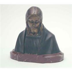 H Muller, German, early 20th century, a bronze bust of the Virgin Mary, signed, set on shaped ova...