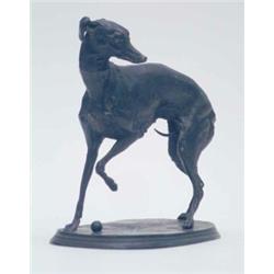 After Pierre Jules Mene, A bronze model of a whippet, standing on oval carpet base, signed, 6ins...