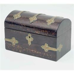 A coromandel casket shaped tea caddy, with engraved brass mounts, 9.75ins...