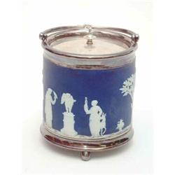 A Wedgwood jasperware silver plated biscuit barrel, and cover, 6.5ins...