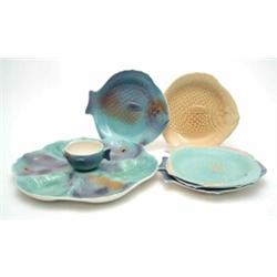 A Shorter & Sons segmented oyster dish and jug, relief moulded with fish and stylised seaweed in...