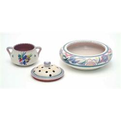 A Poole pottery round bowl, 5.75ins diameter, a further Poole 2-handled bowl and a posy vase cove...