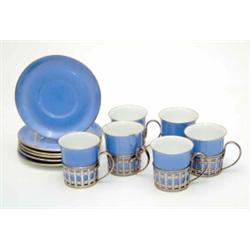 A set of 6 Shelley blue ground coffee cans and saucers, each with silver can holders with pierced...