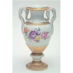 A late 19th century Meissen vase, with entwined serpent handles, bulbous body painted with flower...