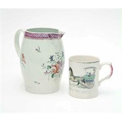 A late 18th century creamware baluster jug, painted with flower sprays, 6.75ins and an earthenwar...