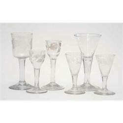 An 18th century engraved bucket bowl glass, 6.5ins, 2 18th century engraved cordial glasses, 3.75...