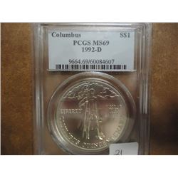 1992-D COLUMBUS SILVER DOLLAR PCGS MS69