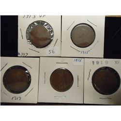 1913,15,17,18 & 19 CANADA LARGE CENTS