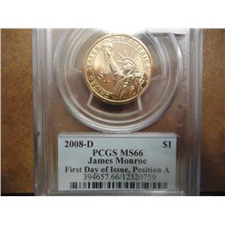 2008-D MONROE DOLLAR PCGS MS66 POS. A 1ST DAY ISSUE