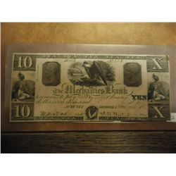 1858 MECHANICS BANK AUGUSTA GEORGIA $10 OBSOLETE BANK NOTE, HAND SIGNED AND NUMBERED