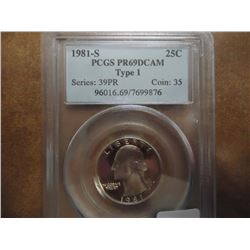 1981-S TYPE 1 WASHINGTON QUARTER PCGS PR69 DCAM