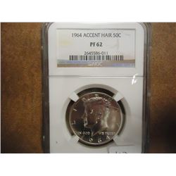 1964 ACCENT HAIR KENNEDY HALF DOLLAR NGC PF62