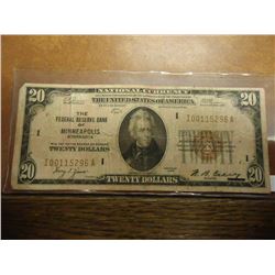 1929 $20 NATIONAL CURRENCY MINNEAPOLIS BROWN SEAL