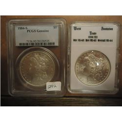 2 SLABBED MORGAN SILVER DOLLARS SEE DESCRIPTION 1884-S PCGS GENUINE AND 1886 WTF MS64