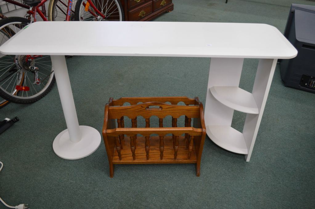 Modern white console table and an oak magazine rack