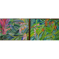 Two framed acrylic on canvas including brightly coloured flora and fauna acrylics, signed Marina Bee