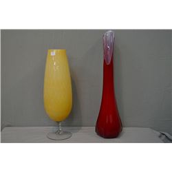 Two pieces of art glass including 19  champagne colour vase on clear base and candy apple red vase 2